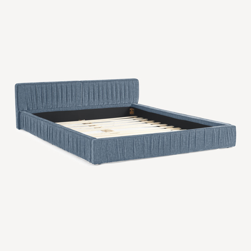 Lit plateforme tapissier avec tête de lit grand format et tissu plissé en chenille, Bleu foncé