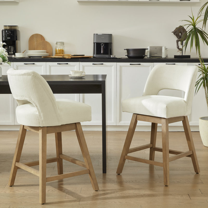 Bisto 360° Swivel Bar Stools with Solid Wood Frame, Polyester Cream, Light Oak Finish