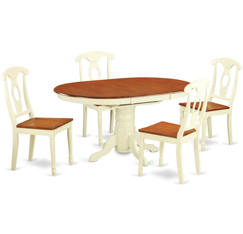 5 Piece Modern Dining Table Set Includes an Oval Wooden Table with Butterfly Leaf and 4 Dining Room Chairs, Buttermilk & Cherry