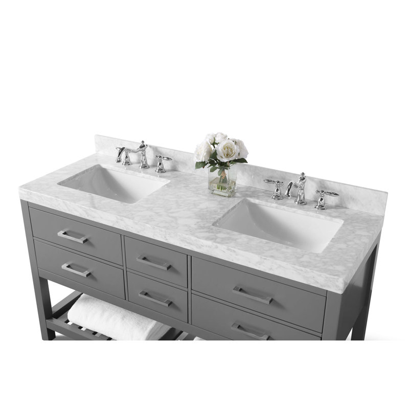 Elizabeth 60'' W Double Vanity, Sapphire Gray/Brushed Nickel, Carrara White Marble