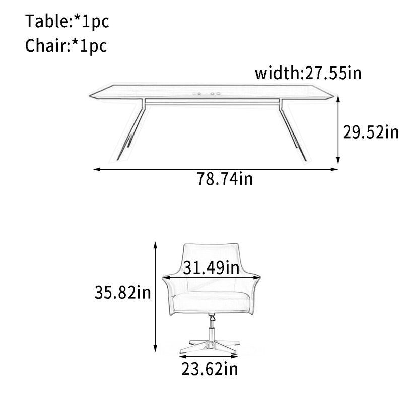 Bureau à pieds à chevrons avec chargement sans fil, H 29,52 po x l 78,74 po x P 27,55 po