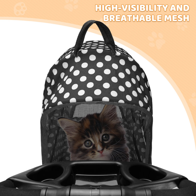 Black and White Polka Dot Foldable Pet Stroller with Steel Frame