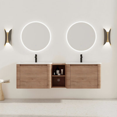 Wall - Mounted Vanity, White Ceramic Sink, Soft Close Door, Small Storage Shelves, Modern Bathroom Decor Unique Rounded Edges