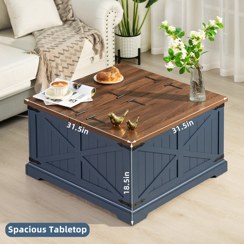 Farmhouse Coffee Table With Hidden Storage Organizer, Modern Square Large Center Table, Wood Farm House Low Navy Blue Living Room Tables With Hinged Lift Top For Home, Office