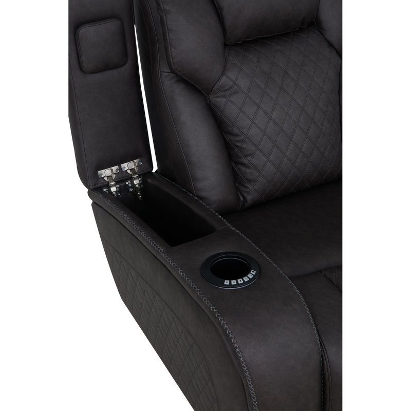 Fauteuil inclinable électrique 3 places en microfibre gris foncé avec tablette rabattable, console, système sans fil, éclairage DEL, mécanisme d'inclinaison, rangement pour coussins de dossier et de fermeture, ressorts ensachés et surmatelas.