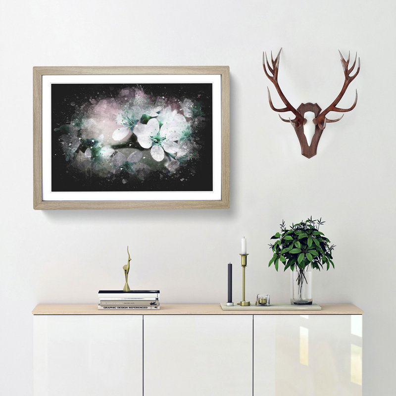 White Cherry Blossom Tree in Bloom - Picture Frame Graphic Art Print, 27cm H x 36cm W x 2cm D, Oak Framed