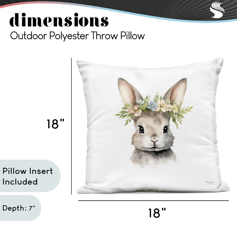 Coussin d'extérieur Woodland Rabbit Flower Crown, 18 x 7 x 18, Lapin vert