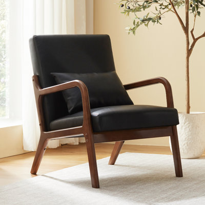 Mid-Century Modern Faux Leather Accent Armchair with Pillow, Solid Wood Frame