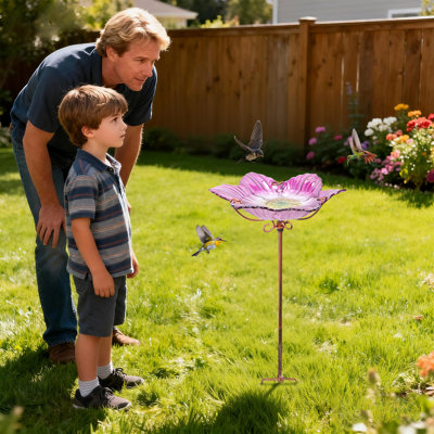 Outdoor Pink Glass Bird Bath & Feeder,Floral Bird Bowl,Outdoor Garden Decor for Wild Bird Attraction & Yard Landscaping