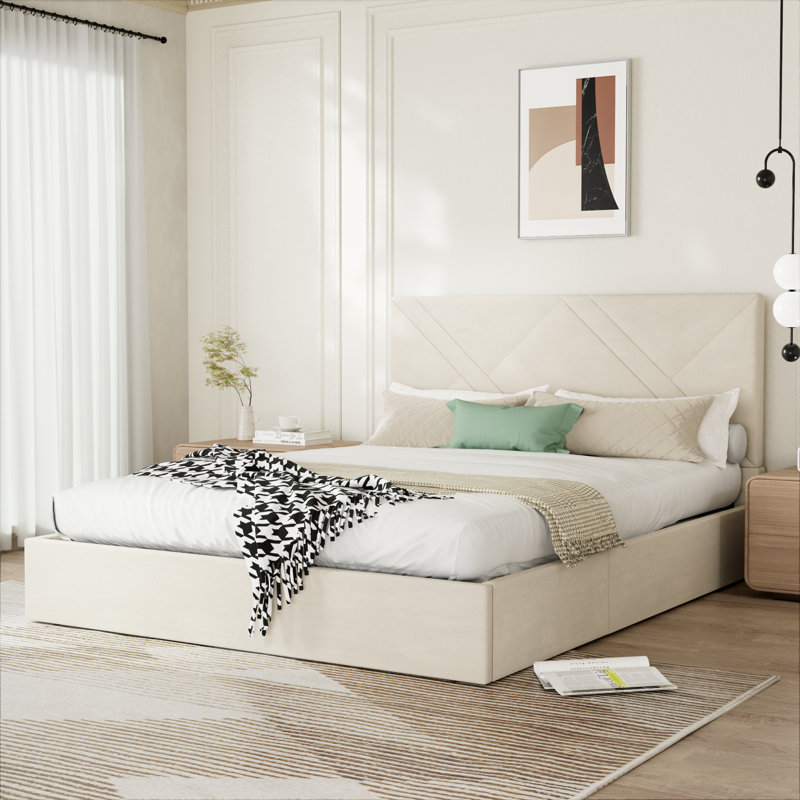Lit plateforme tapissier avec rangement Gaillarde, Grand, Crème