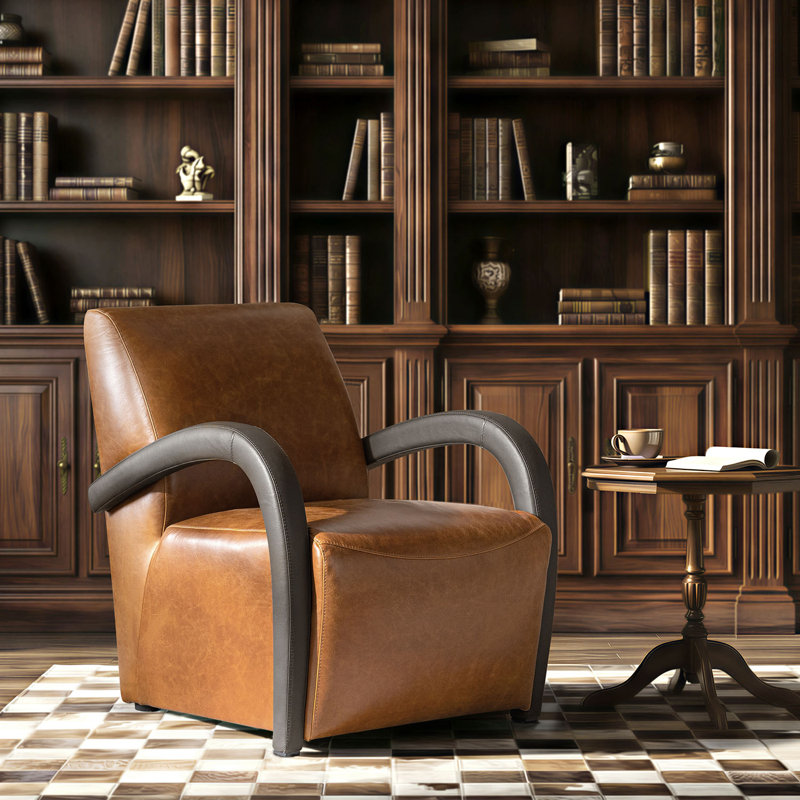 Peru 26.5"W Modern Genuine Leather Armchair with Unique Arms, Cognac