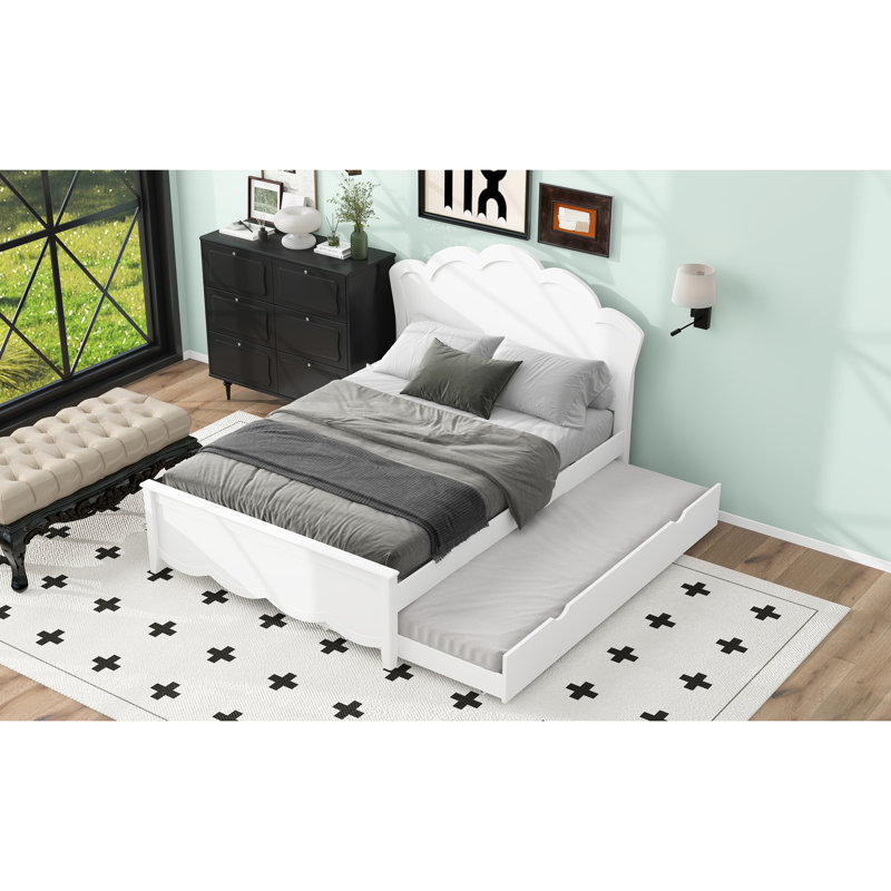Full Size Wood Platform Bed With Headboard & Twin Trundle, White - No Box Spring, Long-Lasting Build Quality Long Lasting