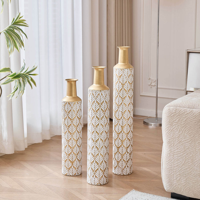 Medhansh Metal Floor Vase with Embossed Leaf Pattern, Handmade Tall Decorative Vase (Set of 3)