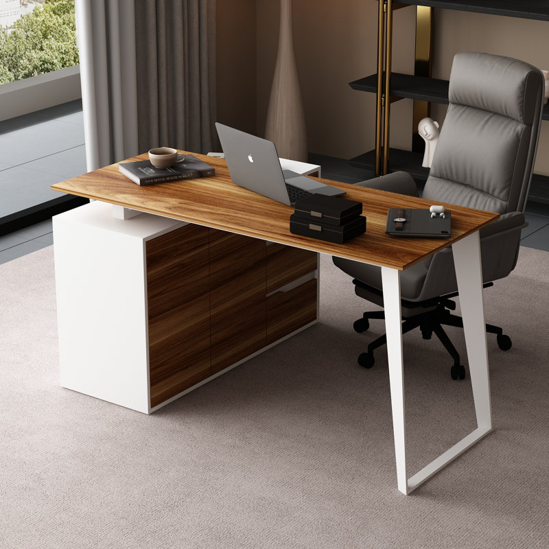 Bureau contemporain en forme de L avec armoire de rangement et grand espace de travail - bois naturel et finition noir / blanc