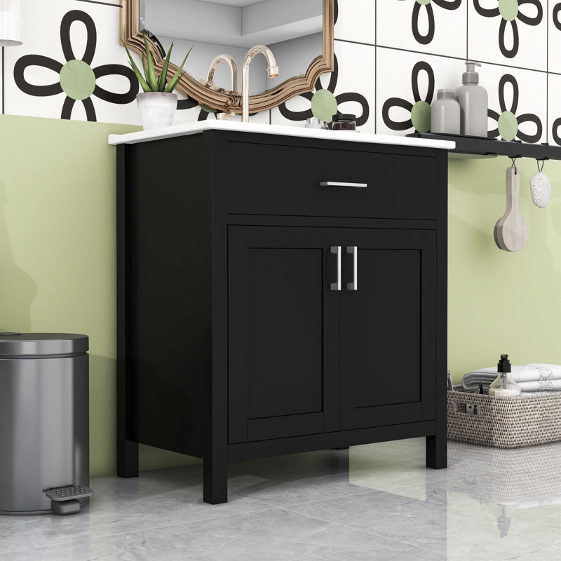 Meuble-lavabo de salle de bain avec lavabo et rangement en céramique, Argent argent, Noir