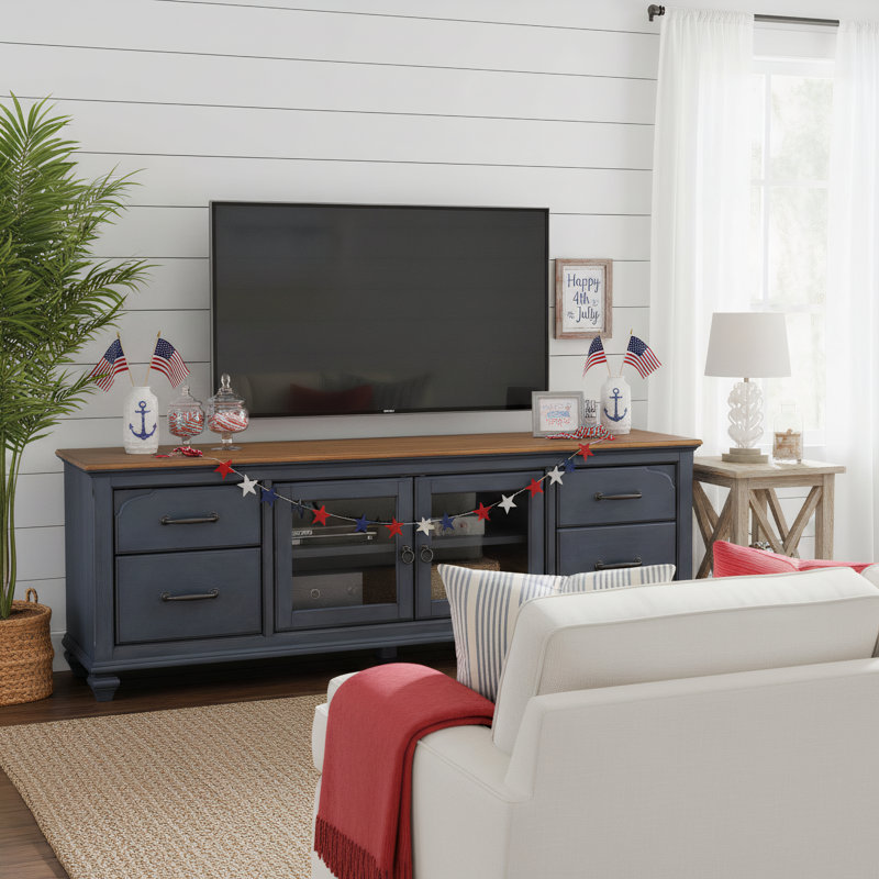 Wauneta 84" Fully Assembled Farmhouse TV Stand for TVs up to 90", Coastal Wood Entertainment Center with Storage, Drawers & Cable Management