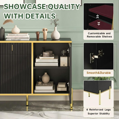 Buffet 60 "moderne cannelé avec accents dorés, armoire de rangement noire pour le salon