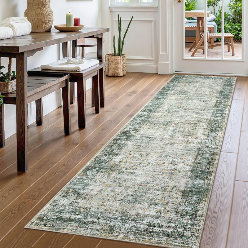Washable Area Rug, Vintage Distressed Low Pile Non-Slip Floor Carpet, Yellow Green, 2'x8', Runner 2' x 8', Yellow