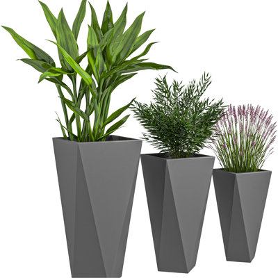 3 Tall Balcony Planters, 28.75", 24.5", 20.5", With Drainage Holes, Stackable For Garden, Patio, Front Door, Gray Pots, Drainage, Balcony,