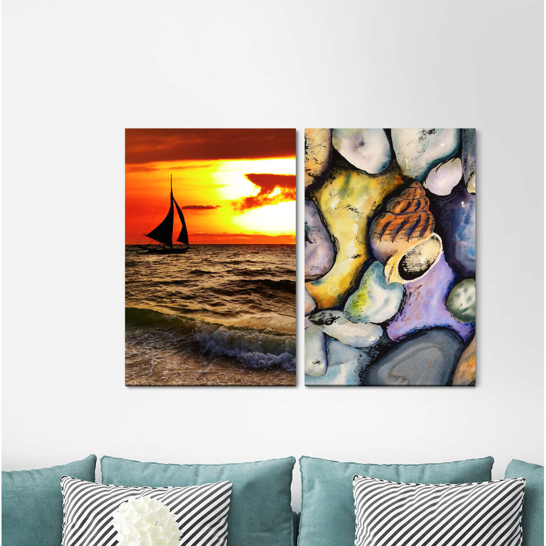 2-tlg. Leinwandbilder-Set - Grafikdruck „Sailboat Sea Shells Picturesque Evening Red Sky Sunset”