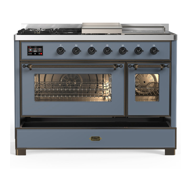Majestic III Series 48 Inch Dual Fuel Range with 5 Sealed Burners, Griddle, Frenchtop in Glossy Black (Natural Gas, Burnished Trim)