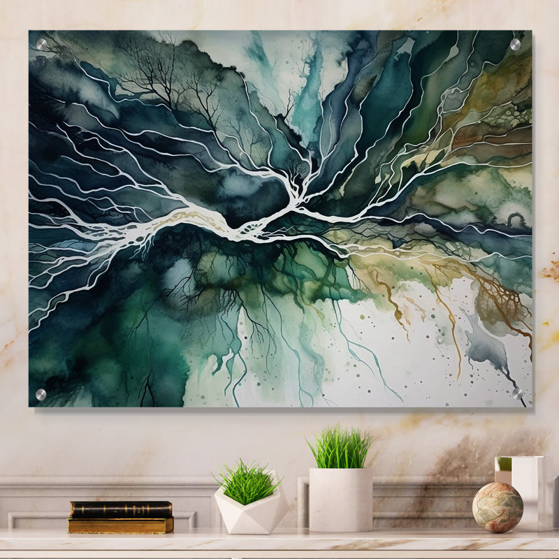 Vert vert bleu marbré Dreamscape II - abstrait géométrique mural acrylique, H 12 po x l 20 po