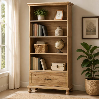 5-Tier Farmhouse Freestanding Bookcase, Engineered Wood Solid Wood Accent Storage Cabinet with Decorative Drawer, Crown Molding, Bun Feet and Anti-Tip Hardware