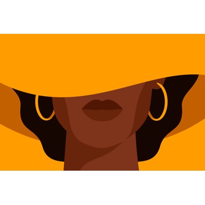 Young African American Woman With Black Curly Hair In The Yellow Hat With A Wide Brim Covering Her Face. - Wrapped Canvas Print