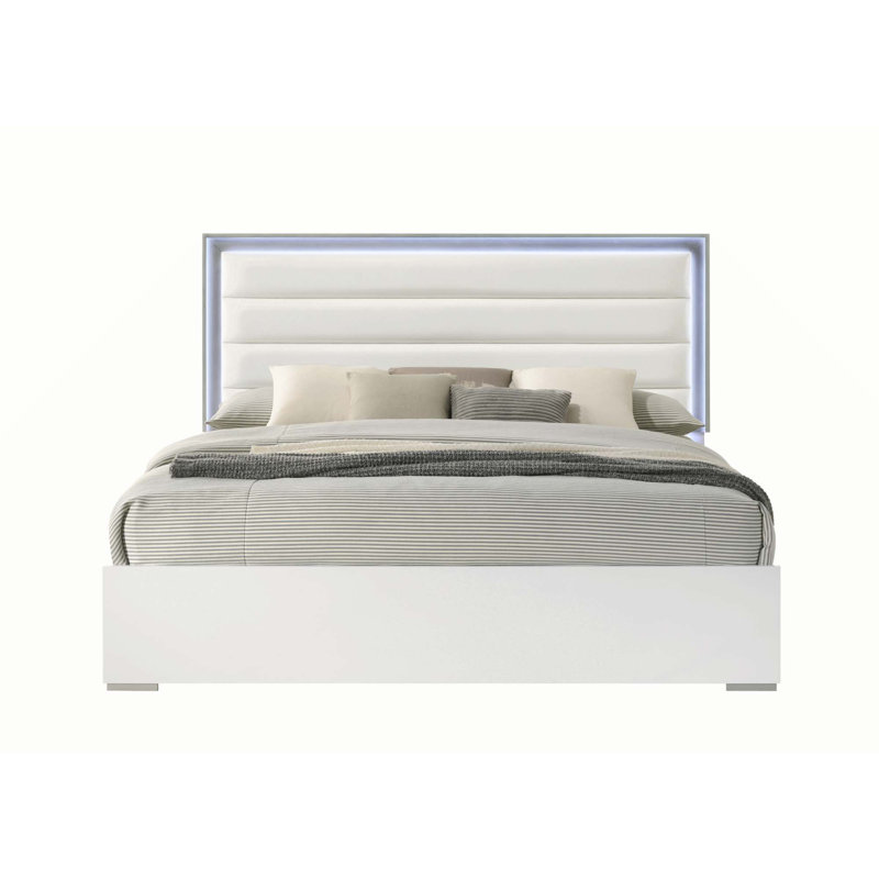 Lit de style contemporain avec tête de lit à DEL et bois blanc, Double