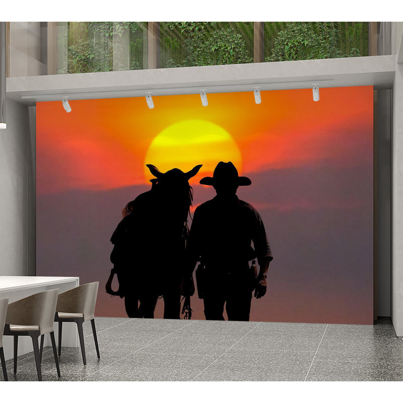 Papier peint de qualité supérieure - Silhouette d'un cowboy au coucher du soleil, L 108 po x l 150 po