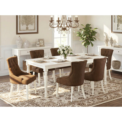 Ensemble de table de salle à manger 7 pièces composé d'une table de cuisine rectangulaire avec rallonge papillon et 6 chaises Parsons en tissu de lin brun, 42 x 78 pouces, blanc lin