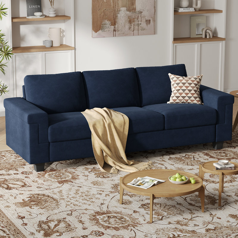 90 Inch Corduroy Sofa Couch, 3 Seater Upholstered Sofa With Square Armrests For Living Room Apartment, Blue