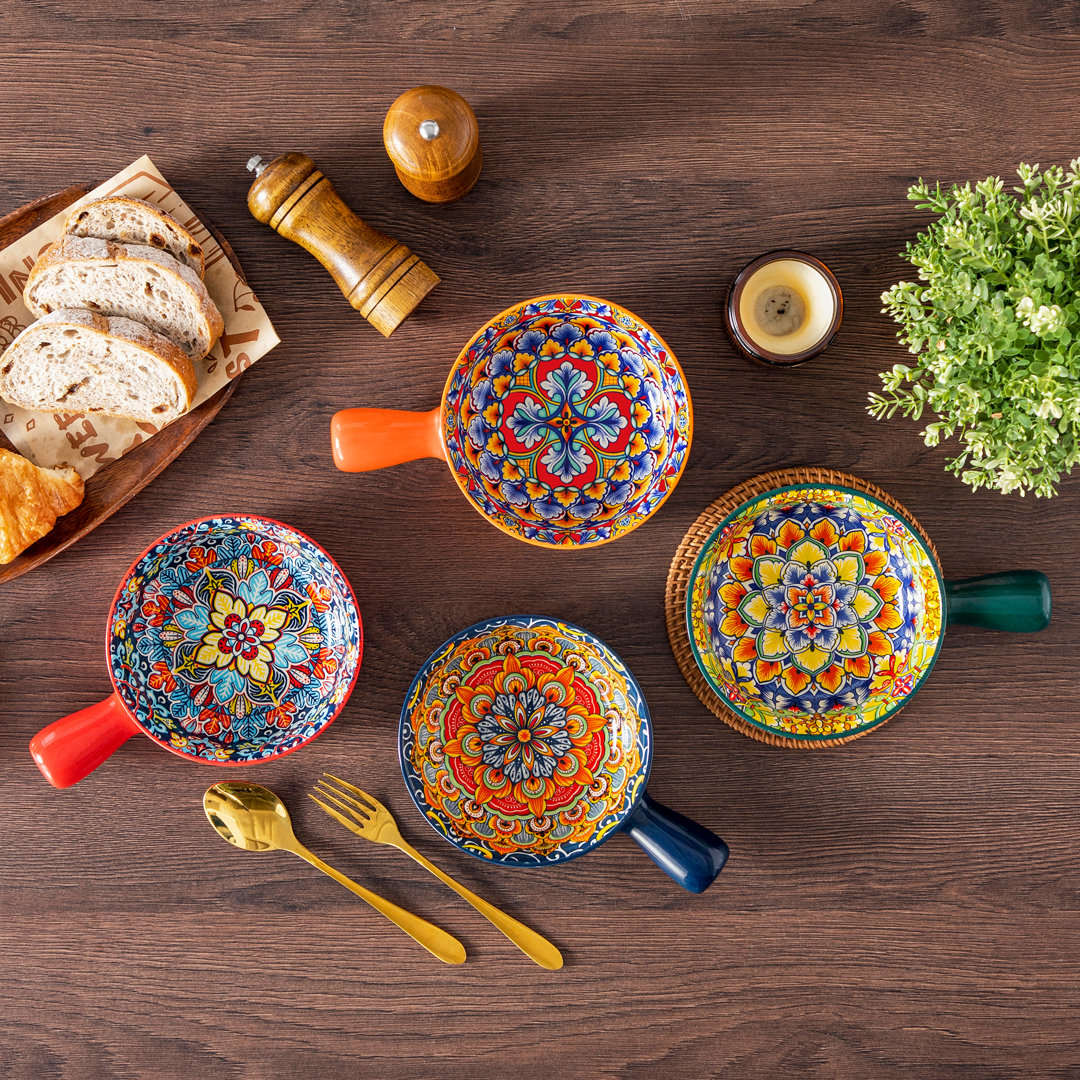 vancasso Set of 4 Ceramic Bowls, Bohemian Style Bowl Set with Decorative Decal Craftsmanship, Ceramic Dinnerware for Soup, Pasta, Salad & Breakfast
