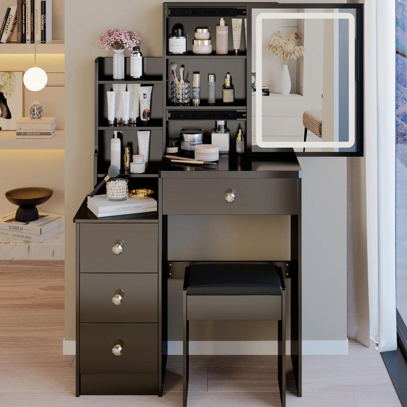 Ensemble de meuble-lavabo de 29,2 po de petite taille avec coiffeuse, 3 couleurs d'éclairage et coiffeuse avec miroir coulissant à lumière DEL réglable, meuble-lavabo moderne avec tabouret de meuble-lavabo pour chambre à coucher, noir