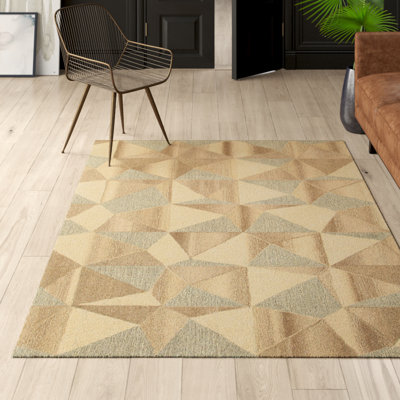 Tapis beige / gris en laine touffeté à la main à motif géométrique Aad