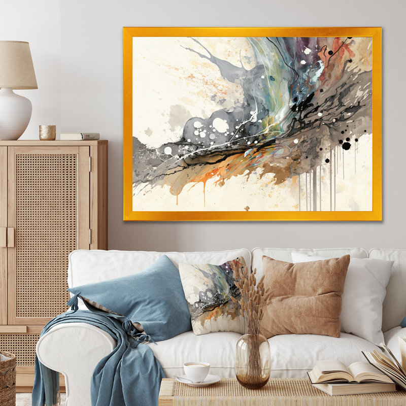 «Jazz Rhythms In Shades Of Grey III», art abstrait à l'encre liquide, Cadre doré simple, H 30 po x l 40 po x P 1,5 po