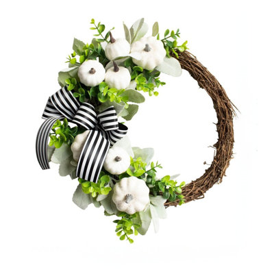 Autumn Artificial Wreath with White Pumpkin, Eucalyptus Leaves, Ribbon
