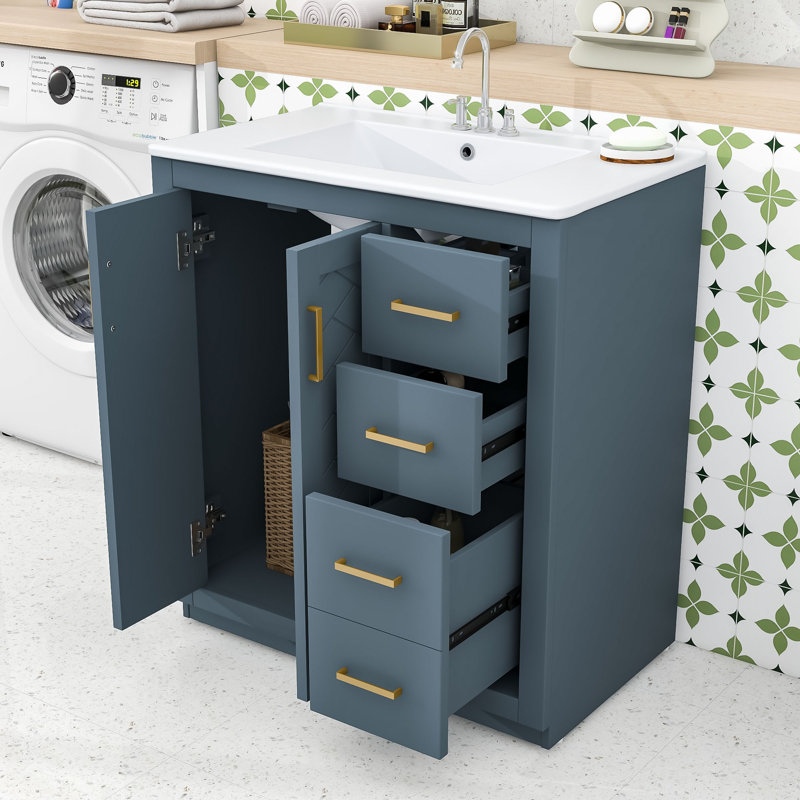 Ensemble de meuble-lavabo simple autoportant avec lavabo sous le comptoir en céramique Camuto Modern, Marine