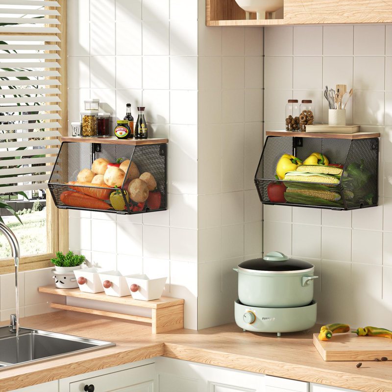 Panier de fruits empilable, paniers métalliques grillagés en métal avec rangement supplémentaire pour couvercle en bois, ensemble de 2 comptoirs de cuisine