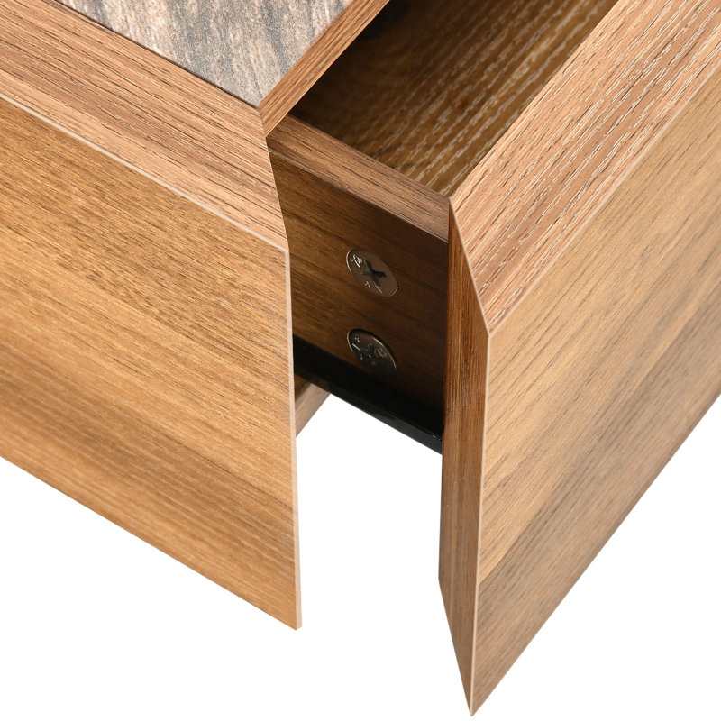 LED Square Coffee Table With 2 Sliding Drawers Storage For Living Room, Brown, Brown