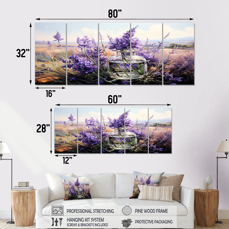 «Lavender Fields Perfumes I», ensemble de 5 décorations murales, H 32 po x l 80 po