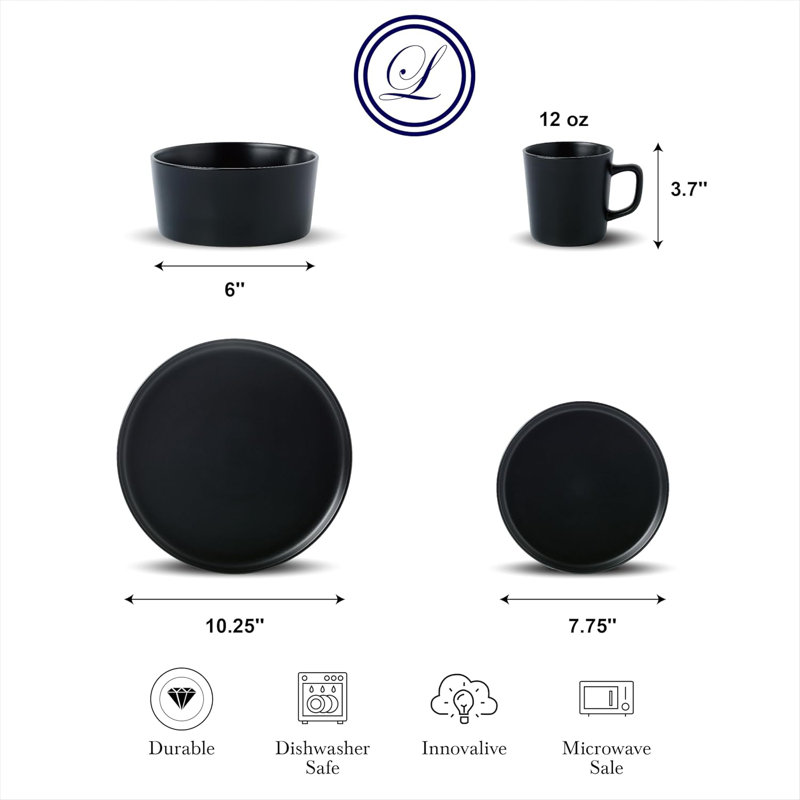 Service de table en grès 16 pièces Luxmatte, Noir