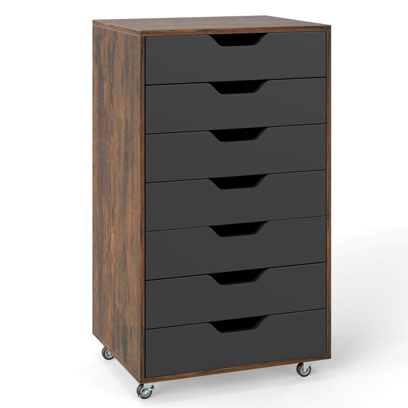7-Drawer Chest Mobile File Cabinet Vertical Filing Organizer with Lockable Wheels Brown, Brown/Black