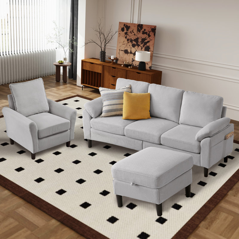 Juliani  Corduroy 3 Piece Living Room Set, Gris clair