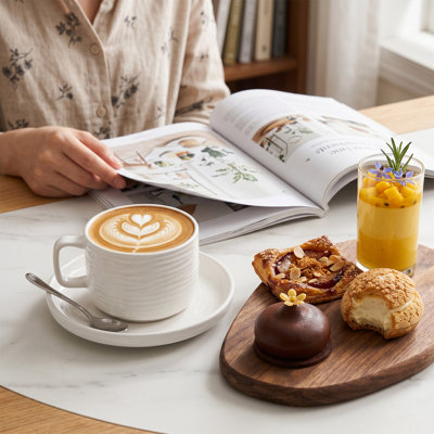 Ensemble de 4 tasses à café et soucoupes en céramique blanche, tasses horizontales texturées perlées 230 ml / 260 ml pour thé au lait cappuccino