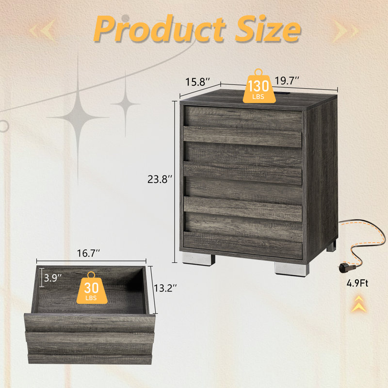 Ashara Farmhouse 2 Nightstands with Charging Station, Rustic Gray