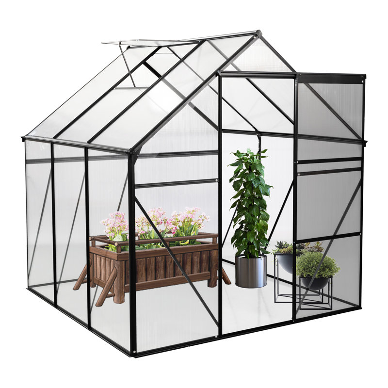 Black Polycarbonate Greenhouse - Heavy Duty, All Season Outdoor For Backyard Sliding Door, Adjustable Roof, Frame Walk-in With Robust Construction Galvanized Base
