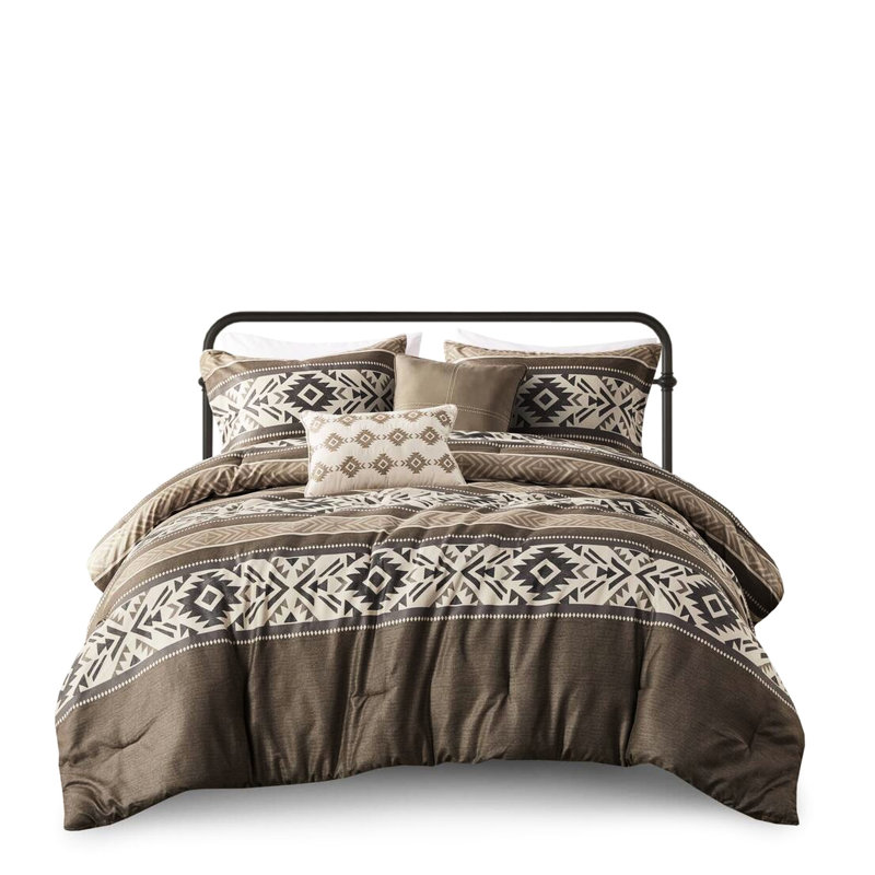 Édredon avec coussins décoratifs, 5 pièces, rayure brune à chevrons, très grand / très grand,