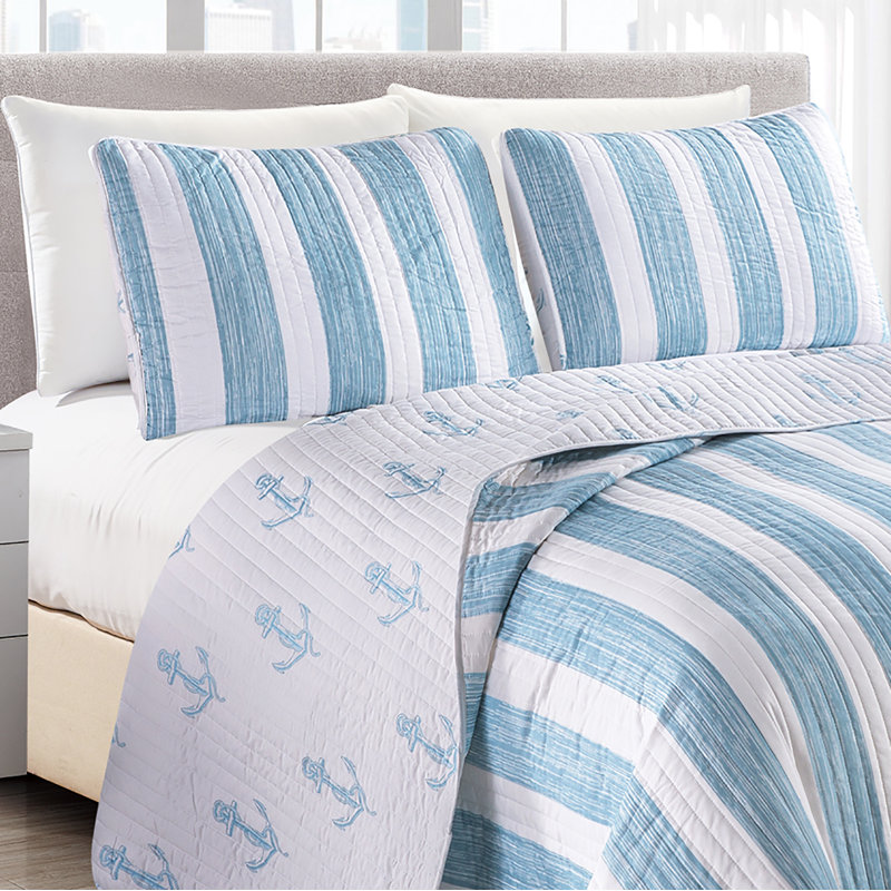 Casco Bay Blue Striped Reversible Full Microfiber Quilt Set