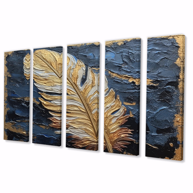 Boho Glam exquis or plume III - impression d'art mural plumes - 5 panneaux égaux